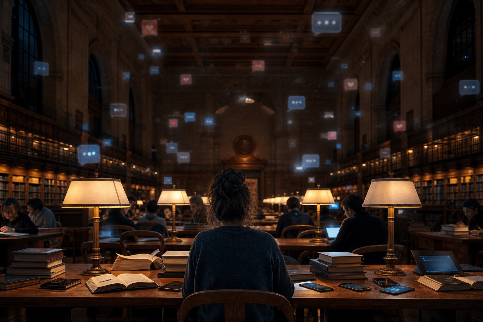 A quiet reading room with paper books, phones, lamps, and faint notification-like light.