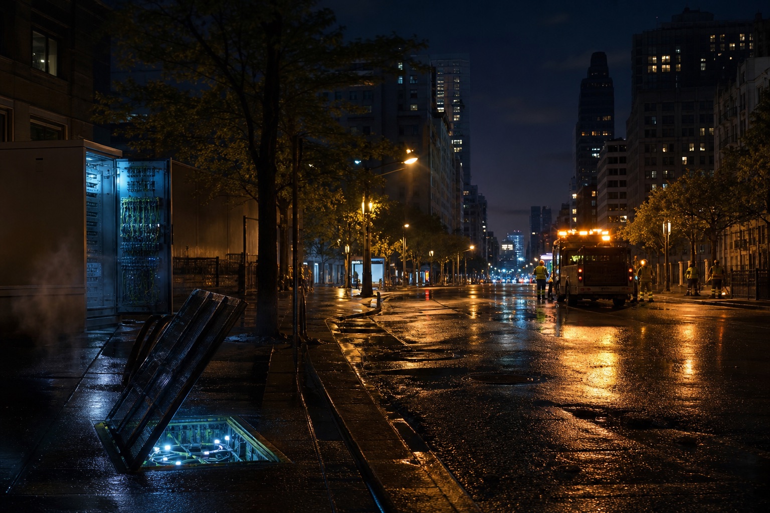 A rain-polished city street at midnight with utility lights and distant maintenance crews.