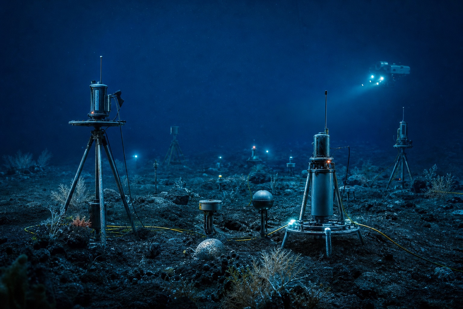 Deep-sea research instruments glowing softly on a dark underwater plain.